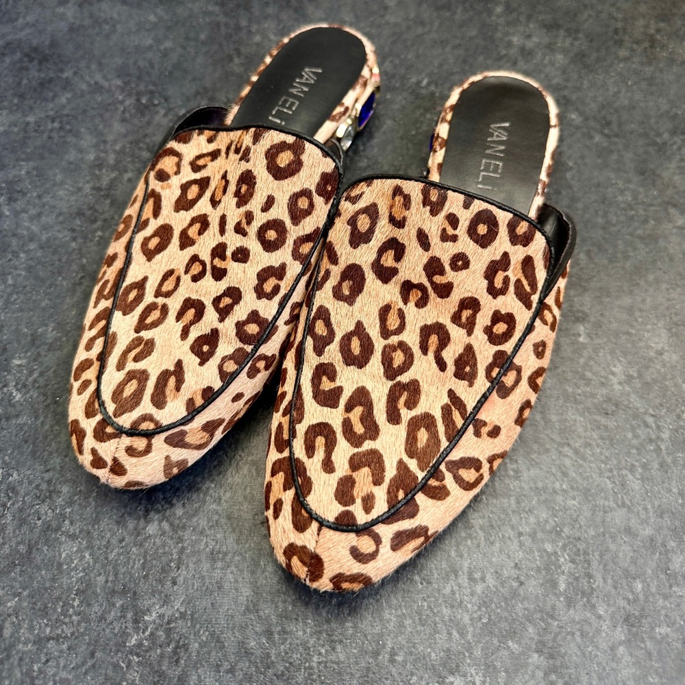 Vaneli Leopard Print Pony Hair Mules with Multicolored Jeweled Heels, size 6